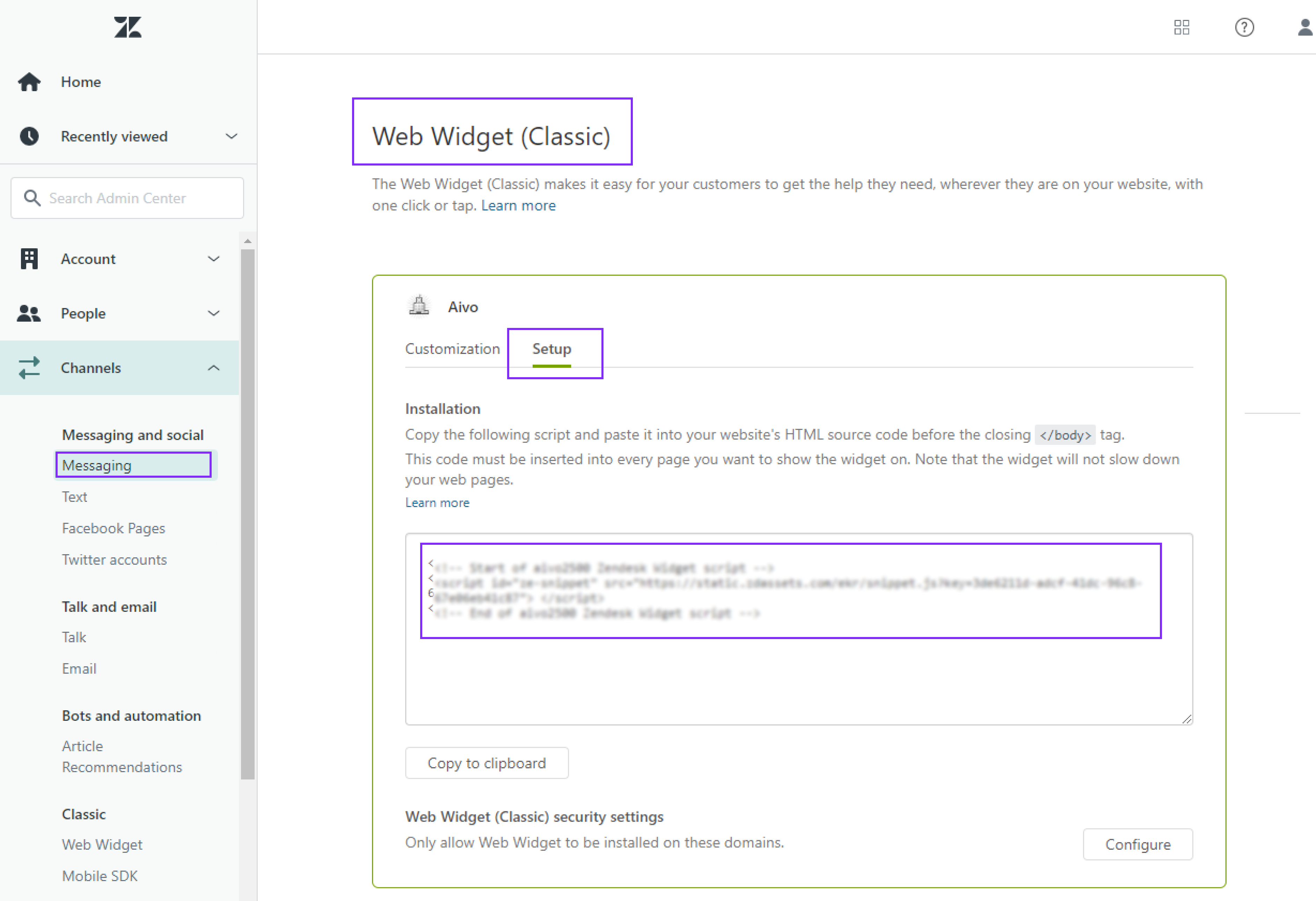 1. Log in to your Zendesk account and get the script.