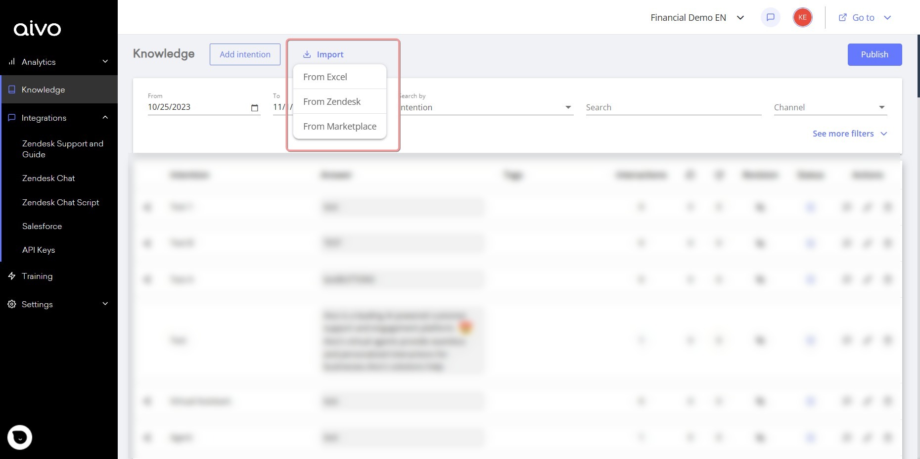 2. In the Knowledge section, click on Import and then click on From Zendesk.