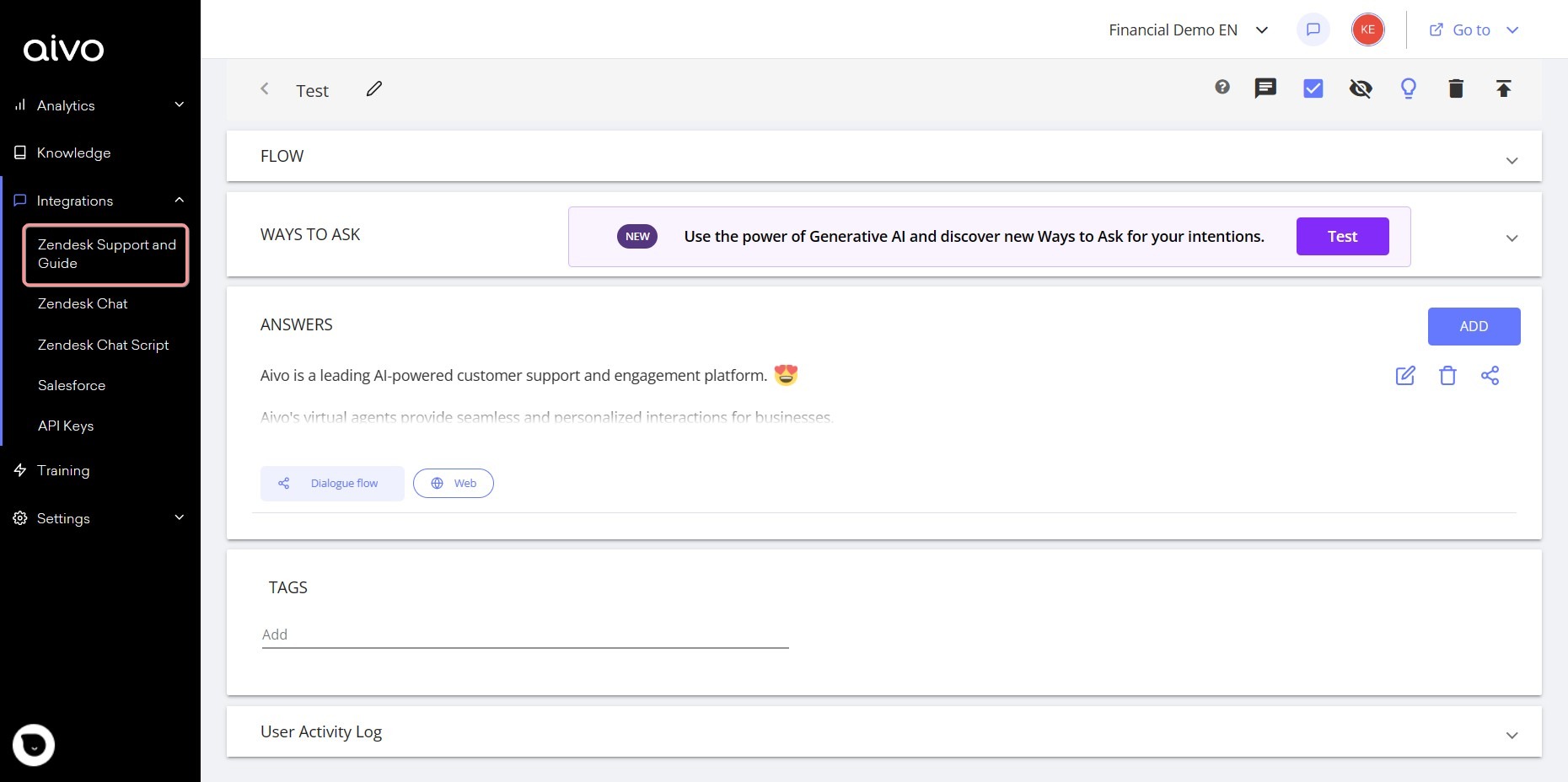 1. Access the integrations section in My Aivo and enter the data in Zendesk Support and Guide.