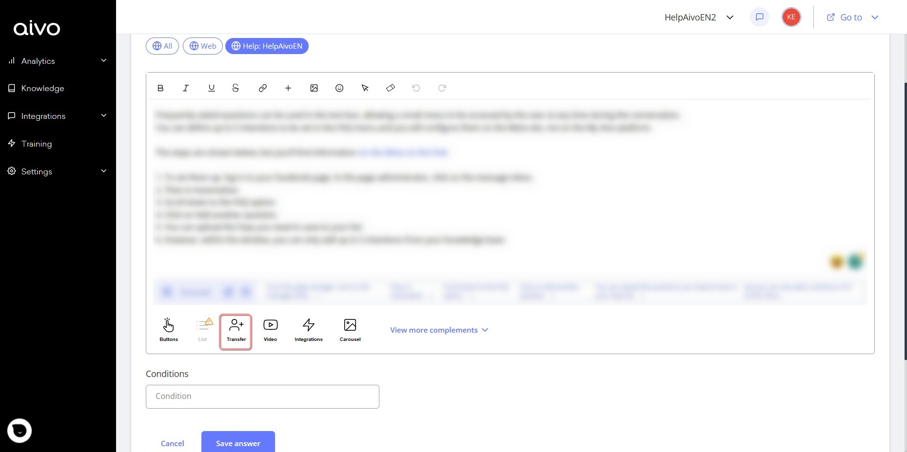 5. From the Knowledge section, create an intent and add the Derivation add-on.