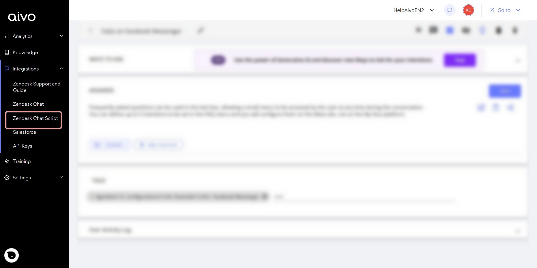 2. Go to the Integrations section in My Aivo to paste the script and complete the fields.